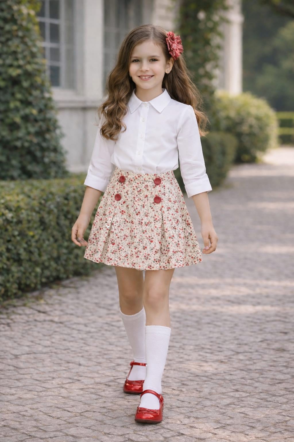 Conjunto saia flores e camisa branca