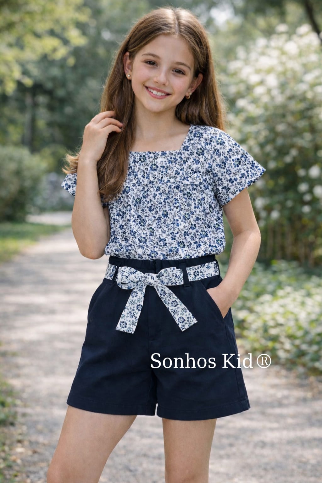 Conjunto calção marinho blusa flores