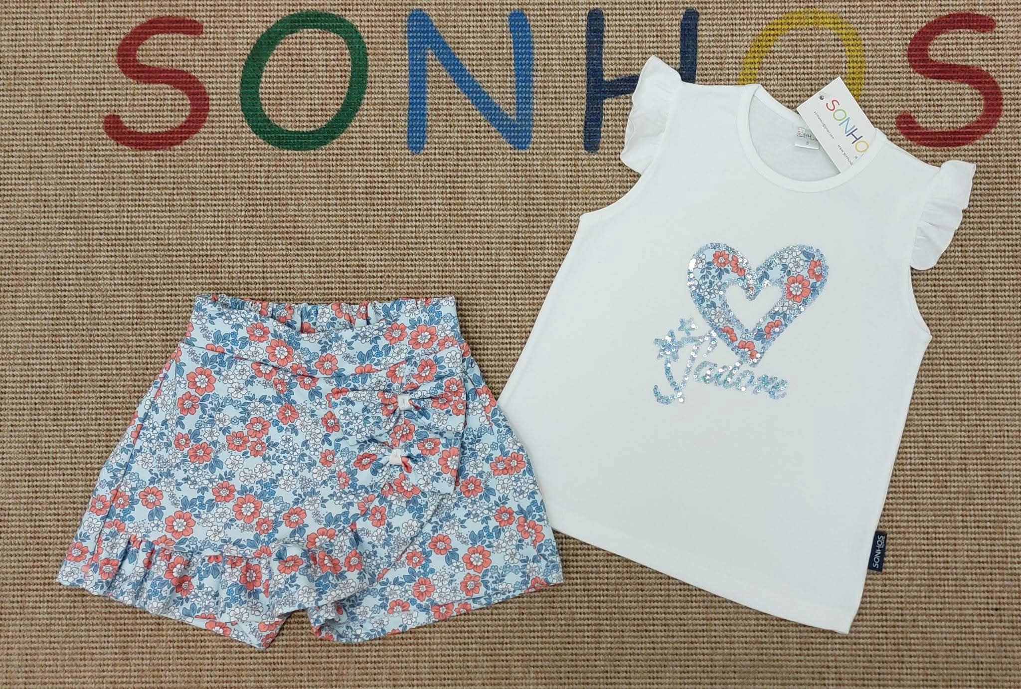 Conjunto saia calção flores azuis