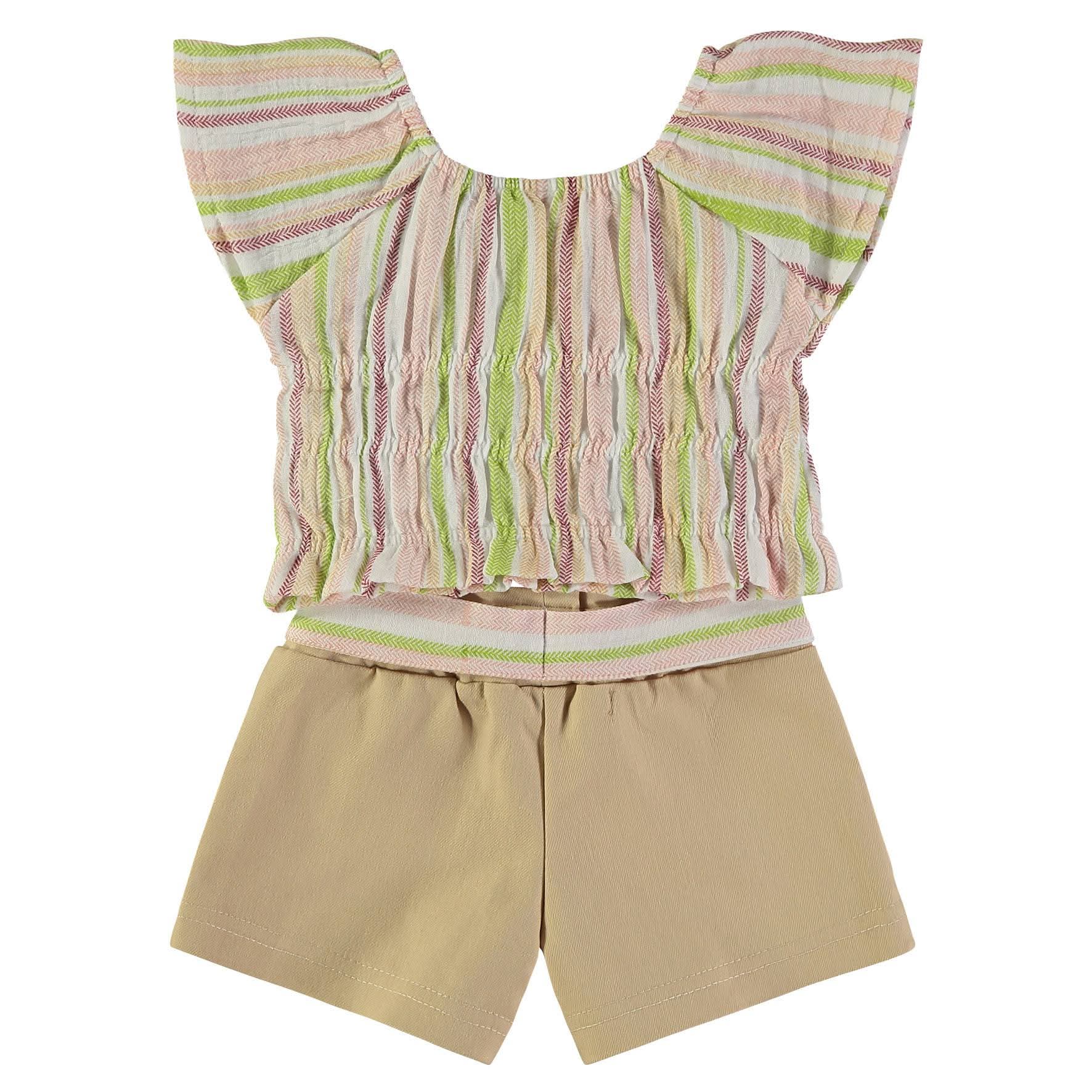 Conjunto de calção bege blusa riscas