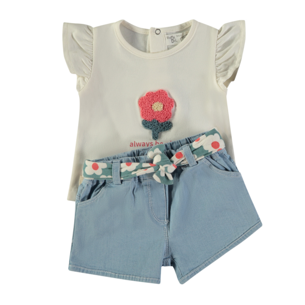 Conjunto flor calção ganga