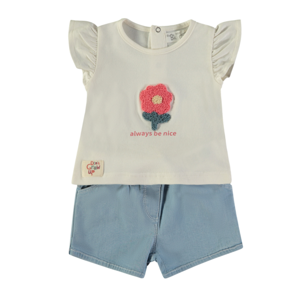 Conjunto flor calção ganga