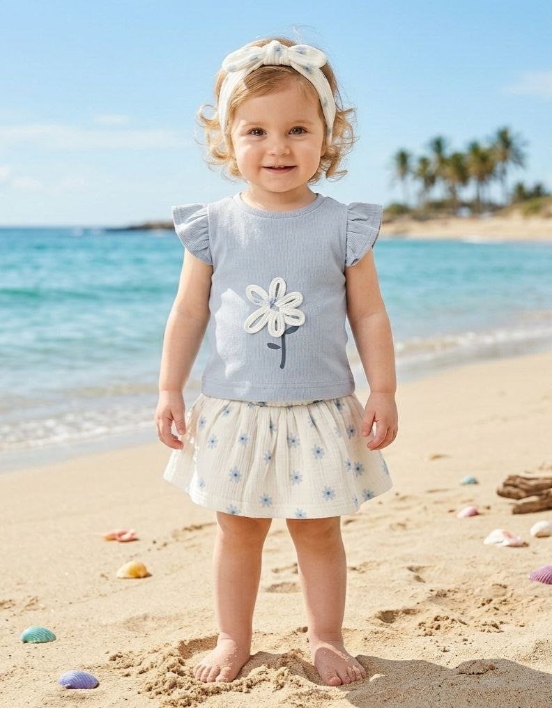 Conjunto saia flores azuis
