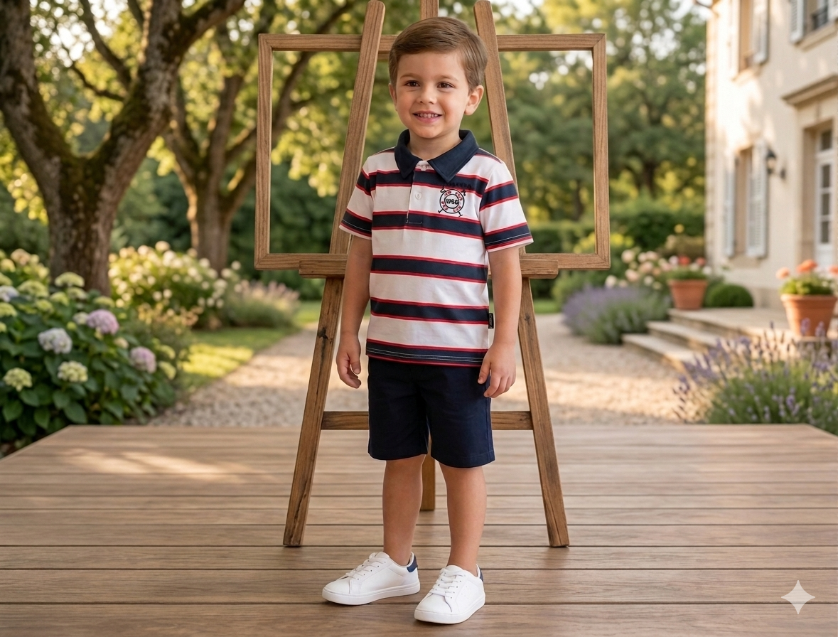 Conjunto polo riscas calção sarja