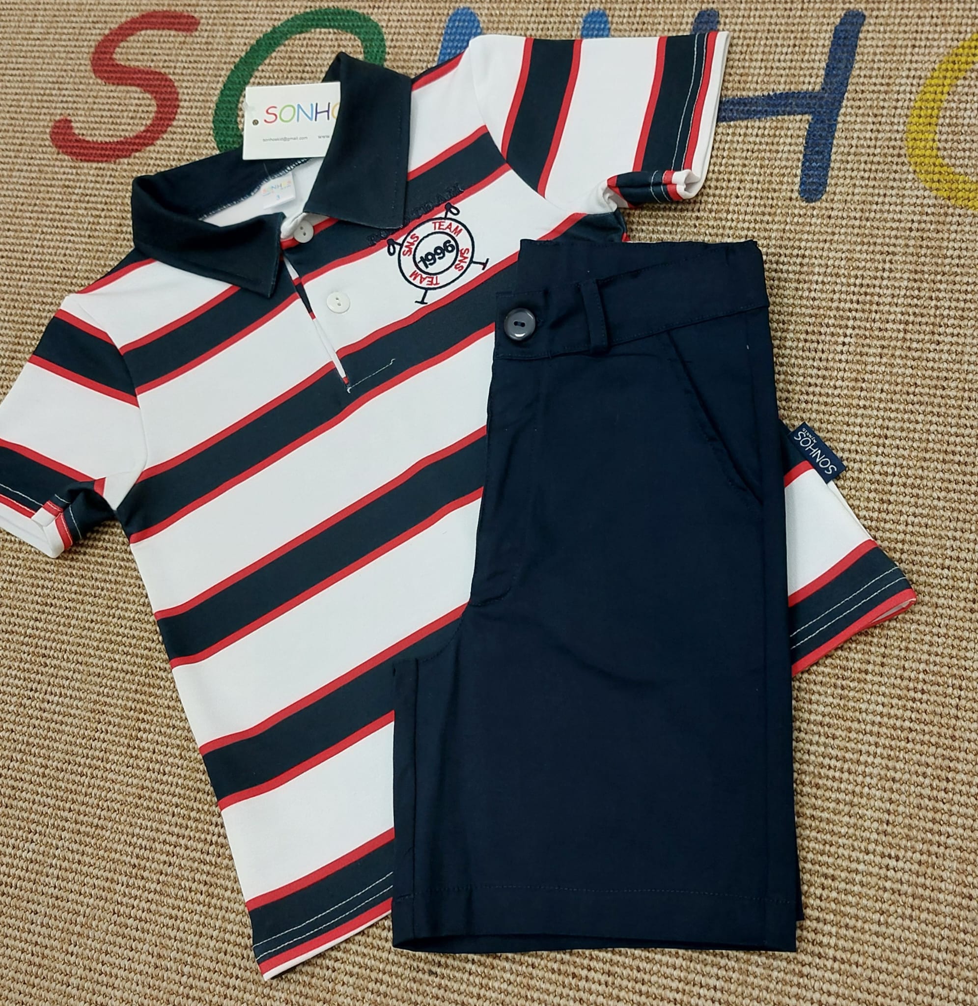 Conjunto polo riscas calção sarja