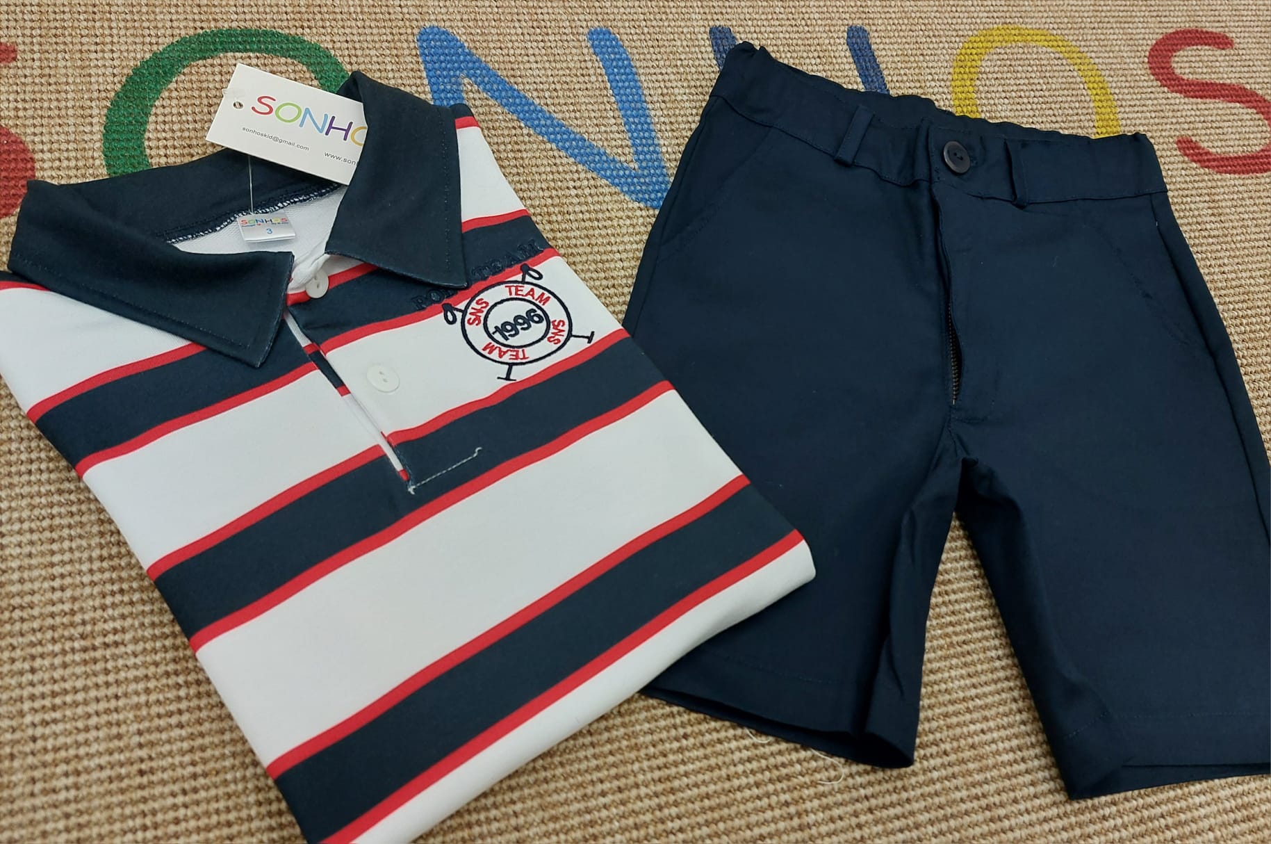Conjunto polo riscas calção sarja