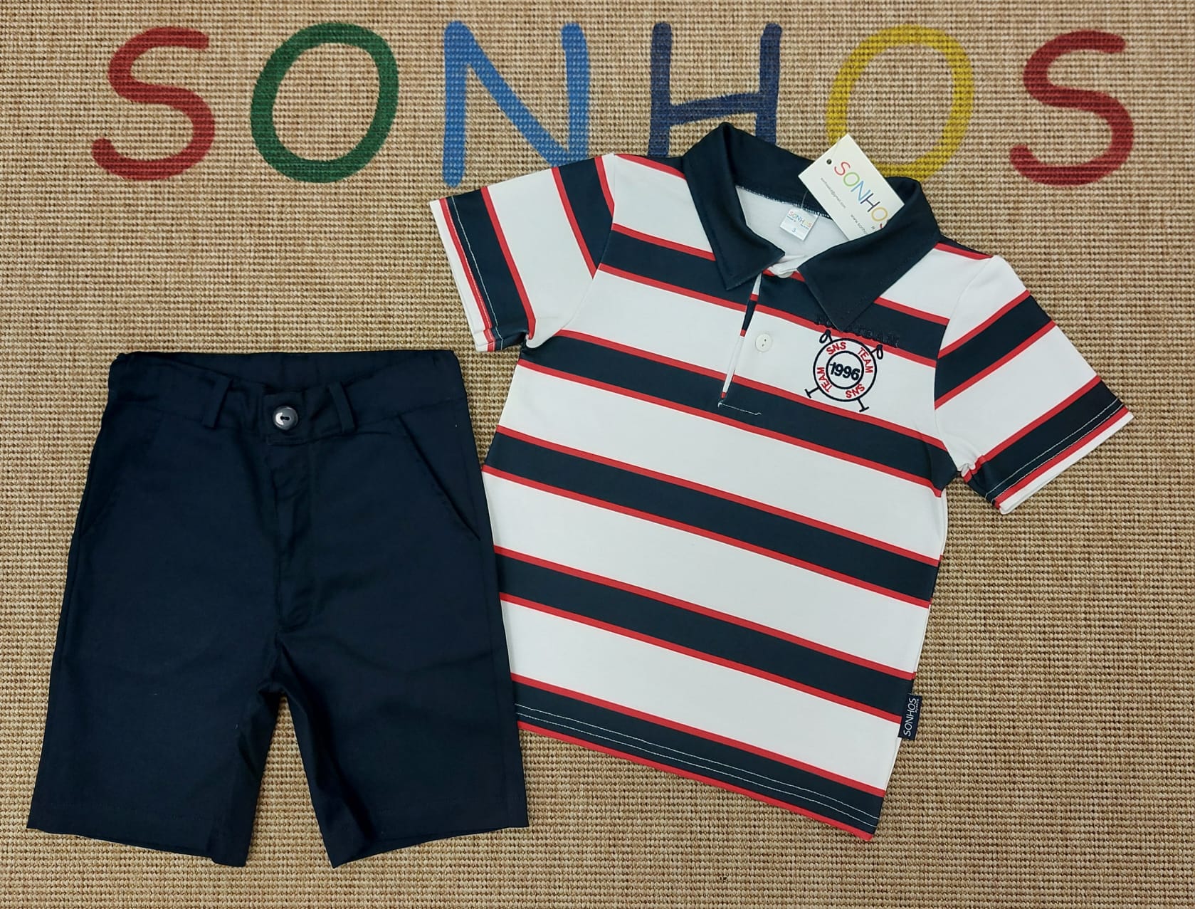 Conjunto polo riscas calção sarja