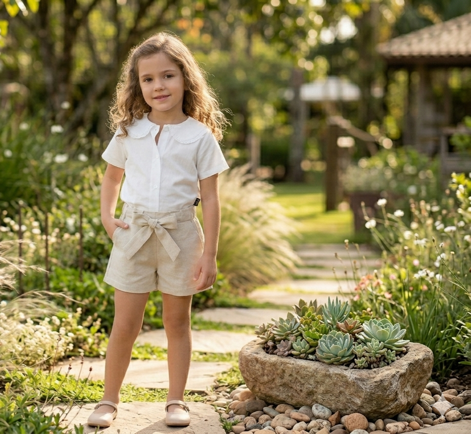 Conjunto blusa bordado inglês, calção bege