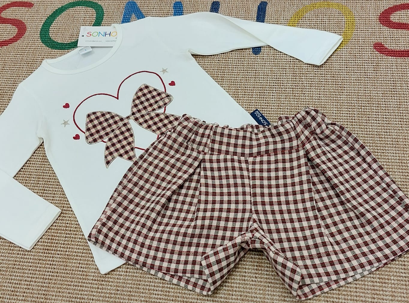 Conjunto calção Laço xadrez bege/bordo