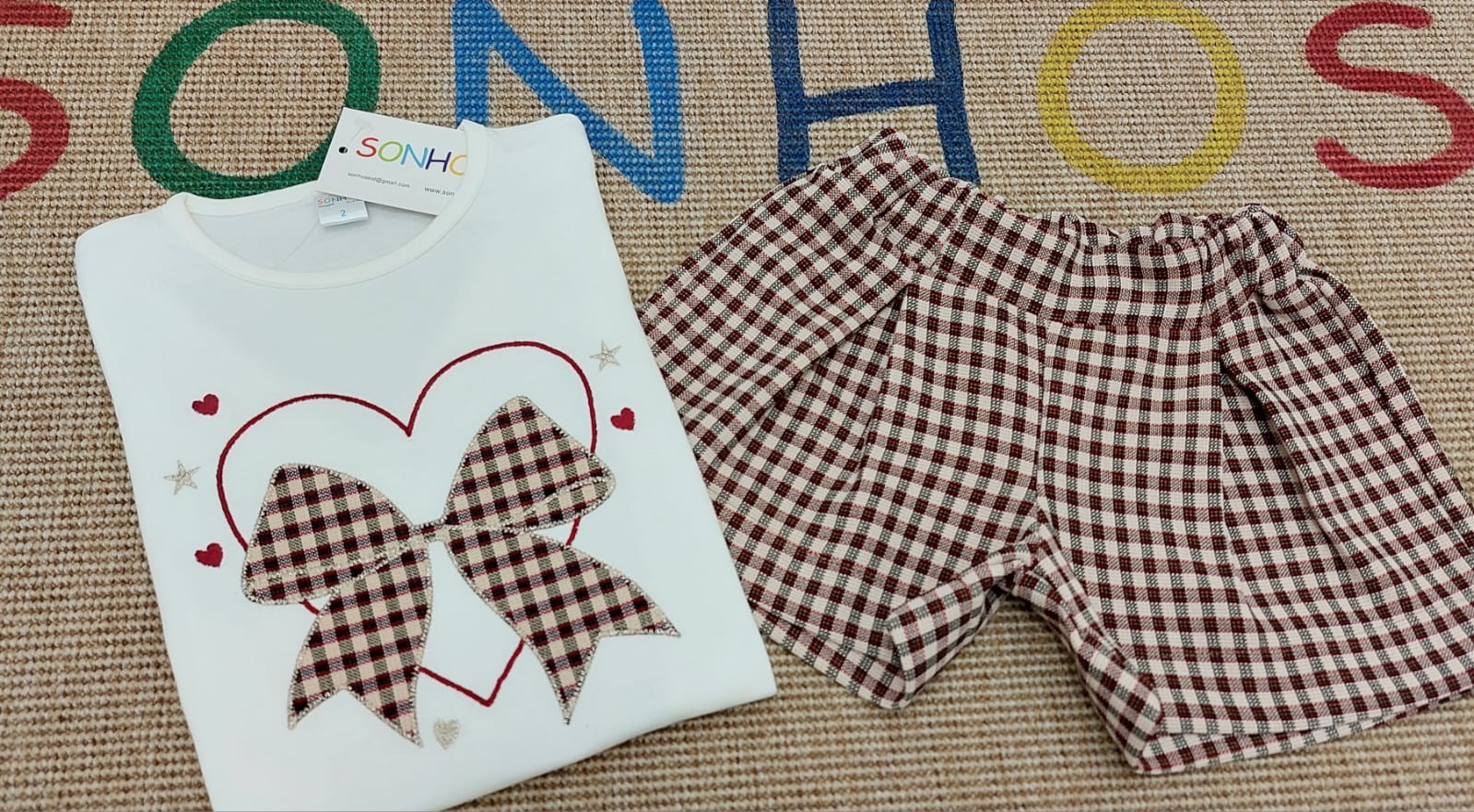 Conjunto calção Laço xadrez bege/bordo