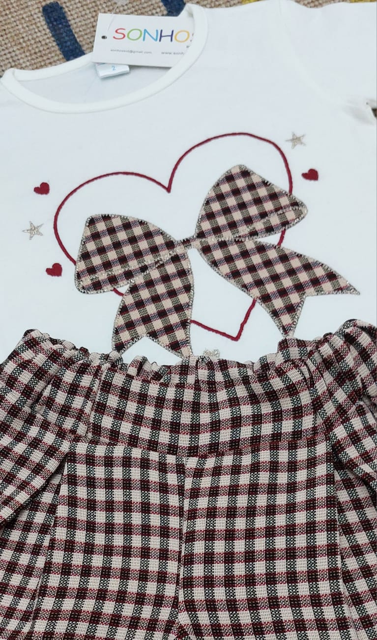 Conjunto calção Laço xadrez bege/bordo